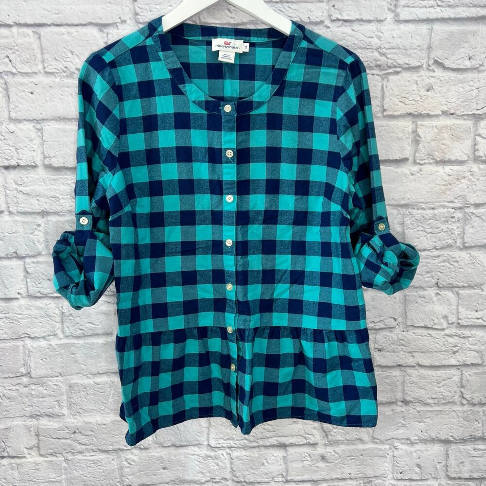 Vineyard Vines Blue Plaid Button Down Flannel Shirt Size 12 Peplum Hem Roll Tab